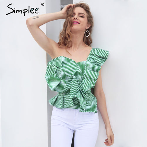Simplee One shoulder blouse shirt women tops Summer irregural striped shirt blouse chemise femme Elegant ruffles zipper blusas-women
