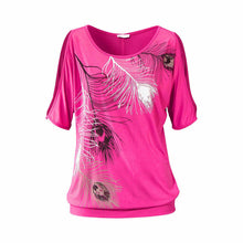 Slit Sleeve Cold Shoulder Feather Print Women Casual Summer T Shirt Girl 2017 Tee Tshirt Loose Top T-Shirt plus size S-5XL-women