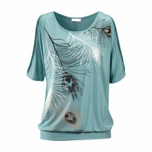 Slit Sleeve Cold Shoulder Feather Print Women Casual Summer T Shirt Girl 2017 Tee Tshirt Loose Top T-Shirt plus size S-5XL-women