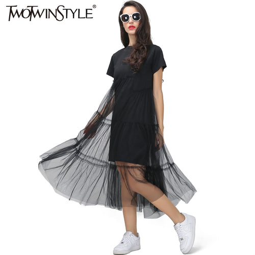 TWOTWINSTYLE Summer Korean Splicing Pleated Tulle T shirt Dress Women Big Size Black Gray Color Clothes New Fashion 2017
women