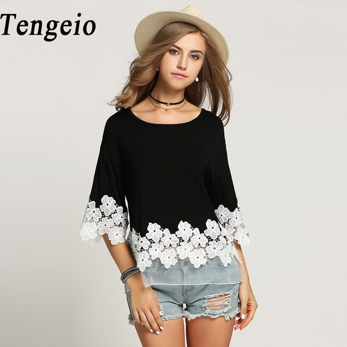 Tengeio Plus Size Women Clothing Top Femme Net Yarn 3/4 Batwing Sleeve Summer Casual white floral Lace Blouse Shirt Camisas Muje
women