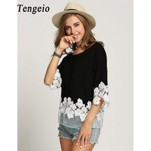 Tengeio Plus Size Women Clothing Top Femme Net Yarn 3/4 Batwing Sleeve Summer Casual white floral Lace Blouse Shirt Camisas Muje
women