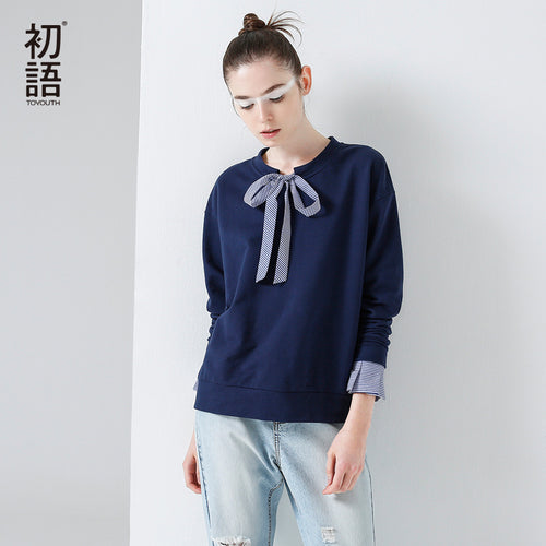Toyouth T-Shirts 2017 Spring Women Stripe Patchwork Bowknot Vintage Casual Long Sleeve Fake Two Pieces Tees Tops
women