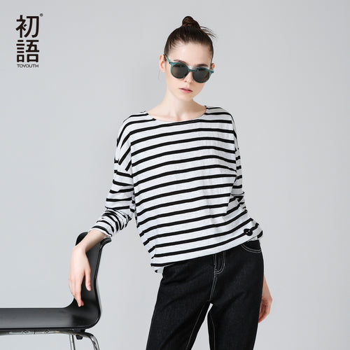 Toyouth T-Shirts 2017 Spring Women T-Shirt Stripe Printed Loose Base Casual Long Sleeve O-Neck Tees Tops
women