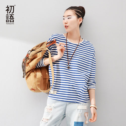 Toyouth Women T-Shirts Batwing Long Sleeve Striped Pattern O-neck Casual T shirt Female Tees Cotton Elegant Ladies Tees Tops
women
