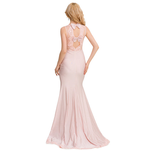 VE1004 Pink backless long dress sexy o-neck off shoulder halter lace dress fashion floor length sexy maxi dress with bow dresses-Women