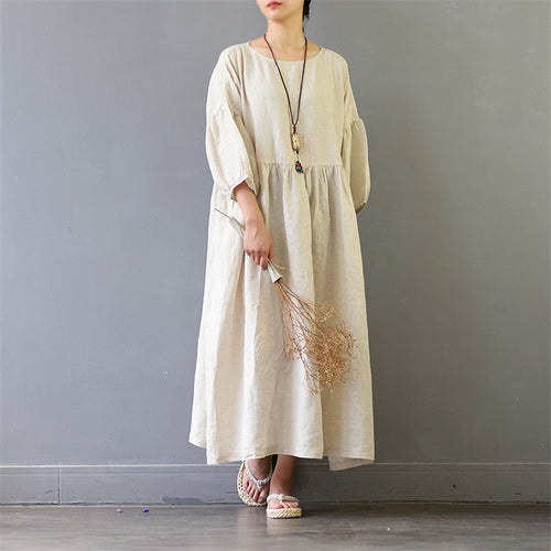 Vestidos 2017 Summer Autumn Dress Solid Three Quarter Plus Size 100% Linen Dress Casual Loose Long Robe Women S425-Women