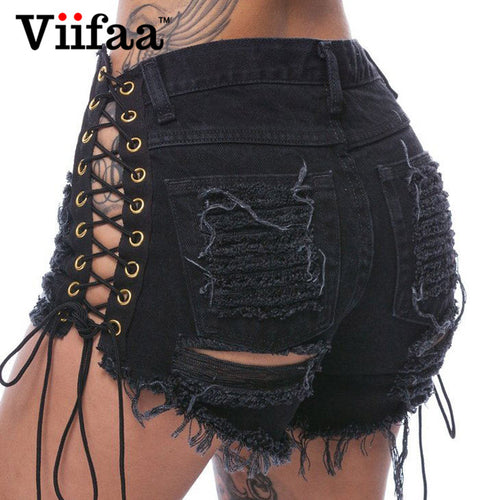Viifaa Summer Hole Denim Jeans Shorts 2017 Women Sexy Lace Up Hollow Out Ripped Shorts High Waist Black Short
women
