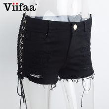 Viifaa Summer Hole Denim Jeans Shorts 2017 Women Sexy Lace Up Hollow Out Ripped Shorts High Waist Black Short
women