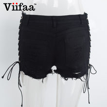 Viifaa Summer Hole Denim Jeans Shorts 2017 Women Sexy Lace Up Hollow Out Ripped Shorts High Waist Black Short
women