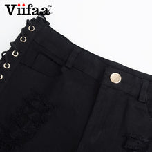 Viifaa Summer Hole Denim Jeans Shorts 2017 Women Sexy Lace Up Hollow Out Ripped Shorts High Waist Black Short
women