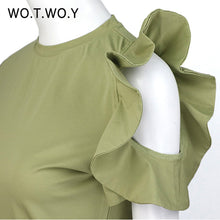 WOTWOY Spring Off Shoulder Ruffles Cotton T Shirt Women Elastic Short Sleeve Solid Color Black T-shirt Female Tops Soft Slim 301
women