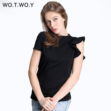 WOTWOY Spring Off Shoulder Ruffles Cotton T Shirt Women Elastic Short Sleeve Solid Color Black T-shirt Female Tops Soft Slim 301
women