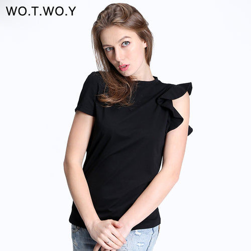 WOTWOY Spring Off Shoulder Ruffles Cotton T Shirt Women Elastic Short Sleeve Solid Color Black T-shirt Female Tops Soft Slim 301
women