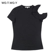 WOTWOY Spring Off Shoulder Ruffles Cotton T Shirt Women Elastic Short Sleeve Solid Color Black T-shirt Female Tops Soft Slim 301
women