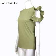 WOTWOY Spring Off Shoulder Ruffles Cotton T Shirt Women Elastic Short Sleeve Solid Color Black T-shirt Female Tops Soft Slim 301
women