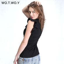 WOTWOY Spring Off Shoulder Ruffles Cotton T Shirt Women Elastic Short Sleeve Solid Color Black T-shirt Female Tops Soft Slim 301
women