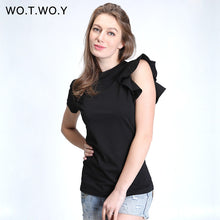 WOTWOY Spring Off Shoulder Ruffles Cotton T Shirt Women Elastic Short Sleeve Solid Color Black T-shirt Female Tops Soft Slim 301
women