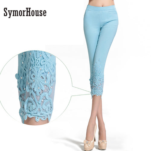 Women Pants Summer Autumn 2017 Plus Size 4XL Candy color skinny slim Elastic pencil pants Lace Diamond pants Capris for women
women