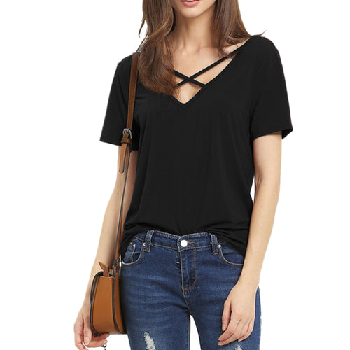 Women T Shirt 2017 Summer Fashion Bandage Sexy V Neck Criss Cross Top Casual Lady Female T-shirt lager size Lady Tees T Shirt
women