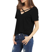 Women T Shirt 2017 Summer Fashion Bandage Sexy V Neck Criss Cross Top Casual Lady Female T-shirt lager size Lady Tees T Shirt
women