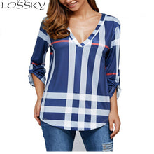 Women's T-shirt European style sexy V Neck T-shirt Women's Tops 2017 Autumn New Fashion Plus Size Plaid Print Top T-Shirt Women-Women