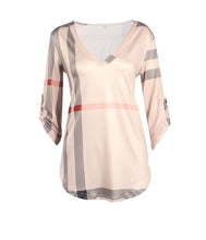Women's T-shirt European style sexy V Neck T-shirt Women's Tops 2017 Autumn New Fashion Plus Size Plaid Print Top T-Shirt Women
women