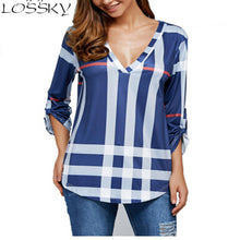 Women's T-shirt European style sexy V Neck T-shirt Women's Tops 2017 Autumn New Fashion Plus Size Plaid Print Top T-Shirt Women
women