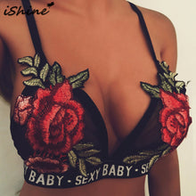 iShine Fashion Summer Sexy Spaghetti strap black rose embroidery camis Camisole Bralet Bustier tank Cropped backless women Tops
women