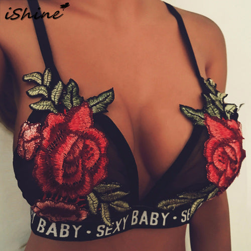 iShine Fashion Summer Sexy Spaghetti strap black rose embroidery camis Camisole Bralet Bustier tank Cropped backless women Tops
women