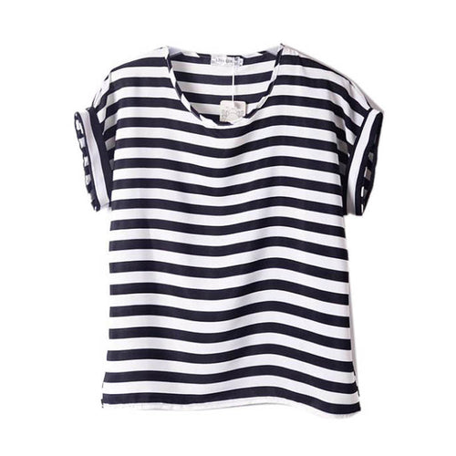 Chiffon T-Shirts Ladies Loose Short Sleeve Shirts Striped Heart Lip Tops Batwing Sleeve Sexy