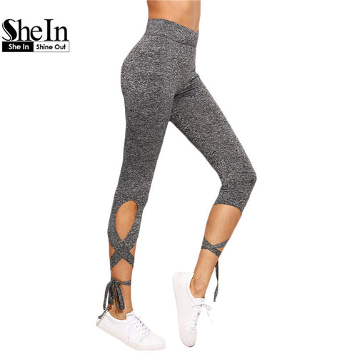 SheIn Women Pants Trousers For Ladies New Style Plain Light Grey High Waist Crisscross Tie Fitness Elastic Leggings