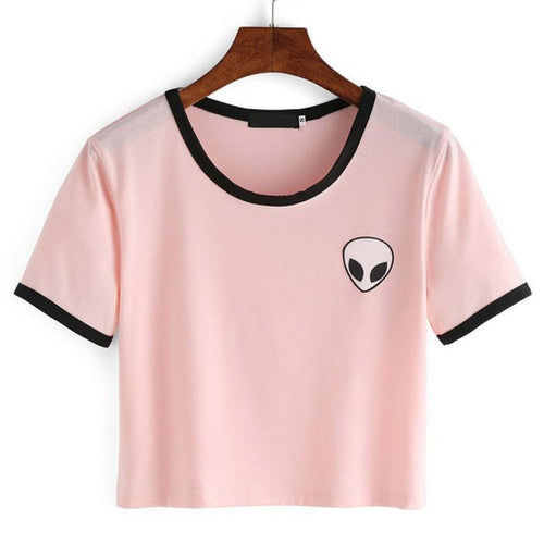 Women Hipster Harajuku Cute Stripe Short Sleeve Cotton Tshirts Crop Top Tee Alien Embroidery T Shirt 2016