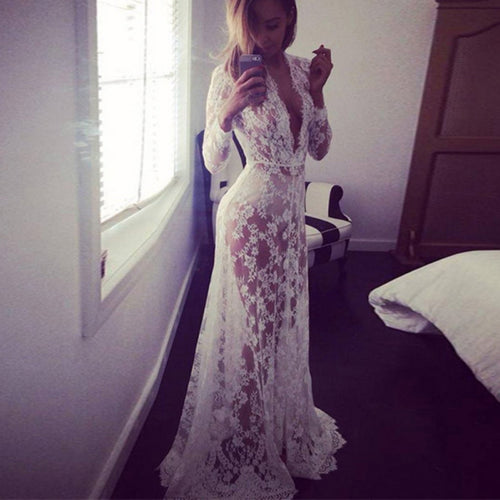 Women Floor-Length Black White Lace Dress Adjust Waist Sexy See Through Floral Vestido