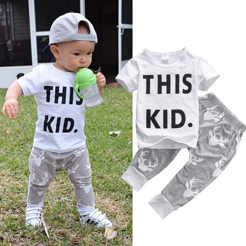 Toddler Kids Baby Boy Clothes Short Sleeve This Kid Letter Print T-shirt Top Deer Pants 2PCS Outfits Bebes Clothing Set 0-5Y