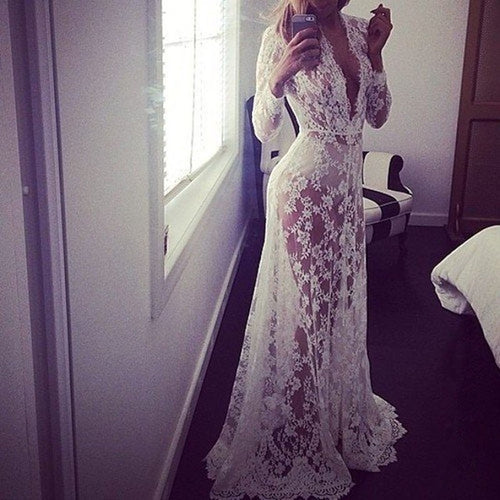 European Style 2017 New Summer Women Dress Sexy Lace Embroidery Maxi Long Dresses Long Sleeve Deep V Neck Plus Size Vestidos