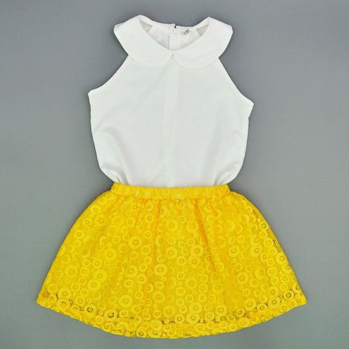 2pcs outfits set !! wholesale kids baby girls sleeveless pure white tank tops + yellow lace skirt for 2-7Y girl