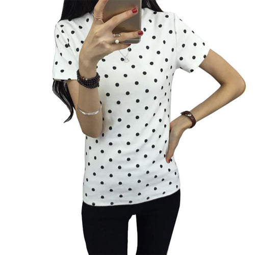 2016  Summer  Women's T-Shirt  Polka Black Dotted Clothes Shirt O-neck Short Tops Bottoming Tops