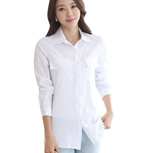 WJ 2016 Women Long White Blouse Korean Style Female Solid Elegant Blusas Ladies Office Long Sleeve Blouses Shirt Plus Size