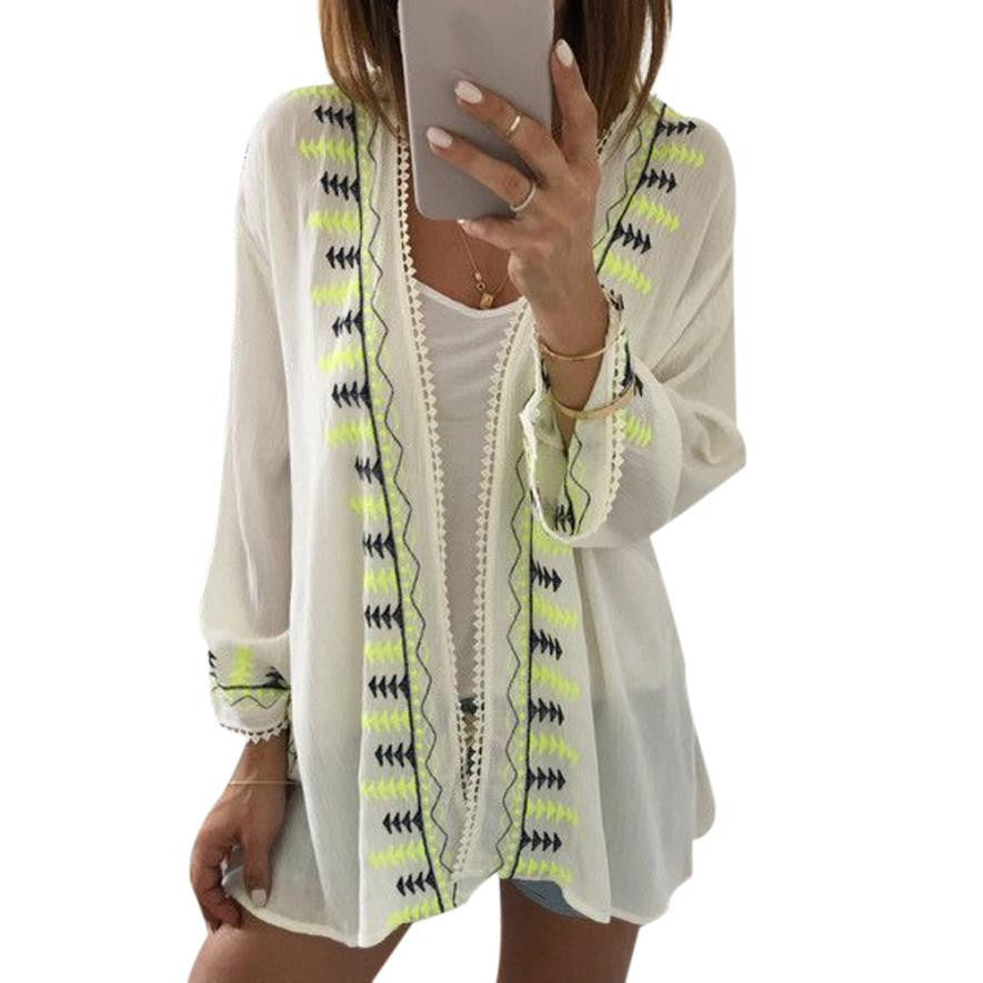 Embroidery Chiffon Women Blouse 2016 Fashion Kimono Cardigan Summer Ladies Tops Loose Shawl Tops Cover up Blouse #LSIN