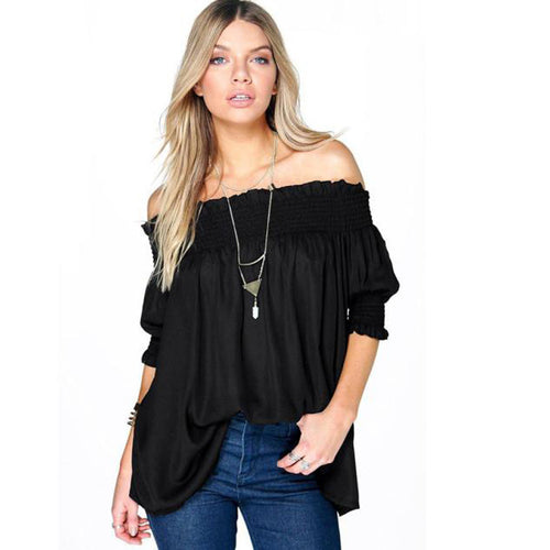 Off Shoulder Women Blouse Black Shirt 2016 Fashion Half Sleeve Tops Casual Loose Blouse Beach Shirt #YEE