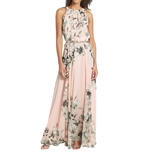 Summer Dress Pink With Belt Sexy Women Chiffon Dress Floral Print O Neck Sleeveless Party Beach Long Boho Dress Female