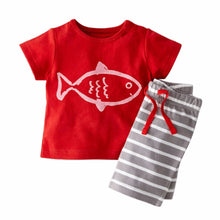 2017 Kids Summer Clothes Sets Pirate Ship Cartoon Printed T-Shirt+ Stripe Pant Kids Boy Clothing 2 PCS Set