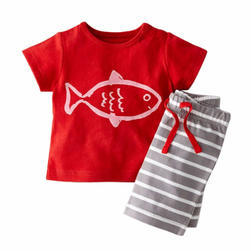 2017 Kids Summer Clothes Sets Pirate Ship Cartoon Printed T-Shirt+ Stripe Pant Kids Boy Clothing 2 PCS Set