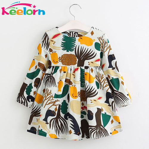 Keelorn Girls Dresses 2017 Autumn Winter Girls Dress O-neck Long Sleeve Cartoon Forest Animals Graffiti for Kids Clothes