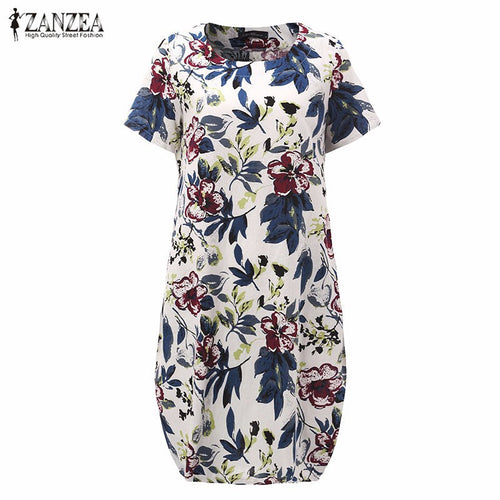 Hot Sale 2017 Summr ZANZEA Women Vintage Floral Print Dress Short Sleeve Loose Casual Midi Sexy Dress Vestidos Plus Size
