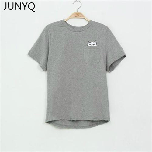 2017 Summer T-shirt Women Casual Lady Top Tees Cotton Tshirt Female Brand Clothing T Shirt Printed Pocket Cat Top Cute Tee S-4XL