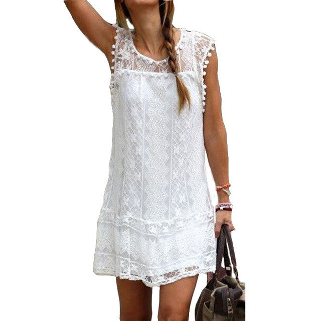 Zanzea Summer Dress 2017 Sexy Women Casual Sleeveless Beach Short Dress Tassel Solid White Mini Lace Dress Vestidos Plus Size