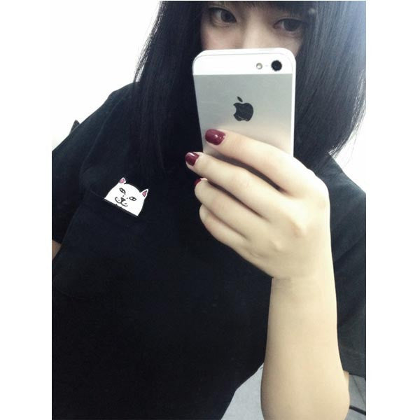 Women T Shirt 2015 Summer Style T-shirt Print Middle Finger Pocket Cat Harajuku O-neck Short Sleeve Cotton Couple Tee Plus Size