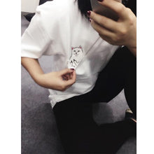 Women T Shirt 2015 Summer Style T-shirt Print Middle Finger Pocket Cat Harajuku O-neck Short Sleeve Cotton Couple Tee Plus Size